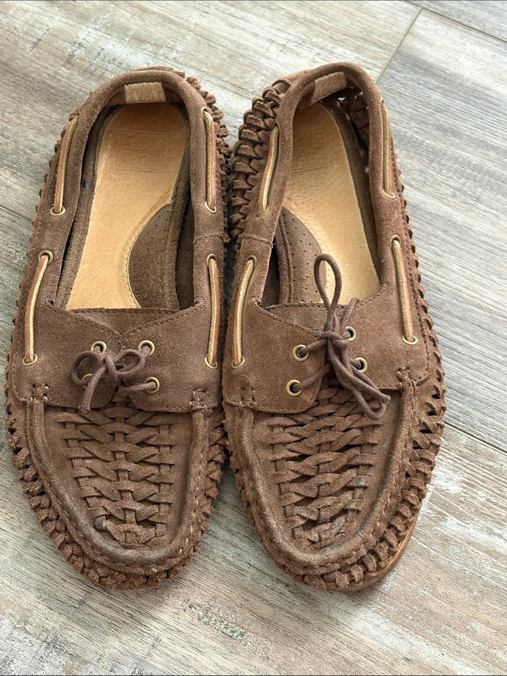 Frye Quincy Woven Brown Leather Boat Shoes size 8